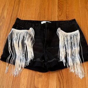 KanCan Dark Wash Denim Shorts with Fringe